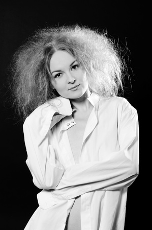 Sensual woman with fluffy hair. Black and white.の写真素材