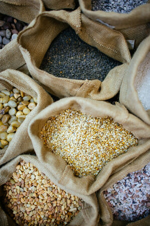 Sacks with decorative stones. Close up.の写真素材