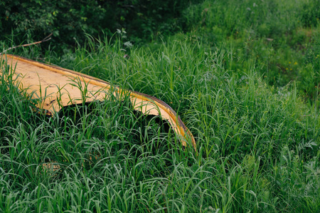 Broken rowing boat overgrown with tall grassの写真素材