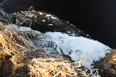 Thin transparent ice on the surface of the reservoir with dried grass and air bubbles under it.の写真素材