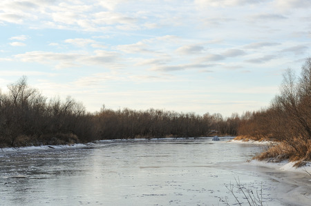 The breath of winter in the woods, near the shore of a forest lakeの写真素材