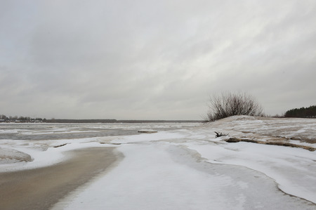 Desert landscape on the banks of the Vychegda river in late November.の写真素材