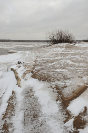 Desert landscape on the banks of the Vychegda river in late November.の写真素材