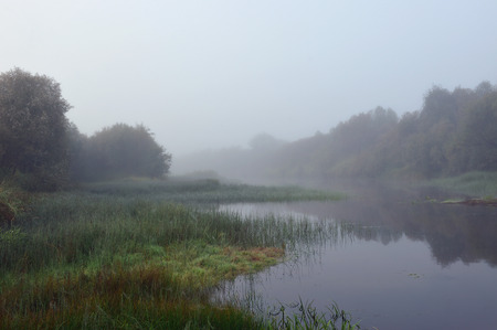Early autumn morning. Dense fog envelops the surface of the river.の写真素材