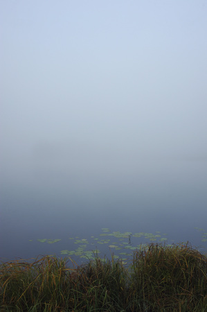 Early autumn morning. Dense fog envelops the surface of the river.の写真素材