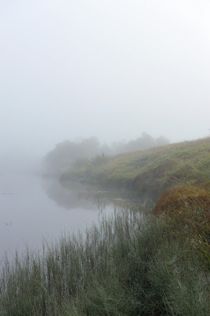 Early autumn morning. Dense fog envelops the surface of the river.の写真素材
