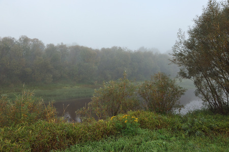 Early autumn morning. Dense fog envelops the surface of the river.の写真素材