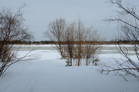 The onset of spring on the banks of the Vychegda river. The ice darkened. Soon the ice drift will begin.の写真素材