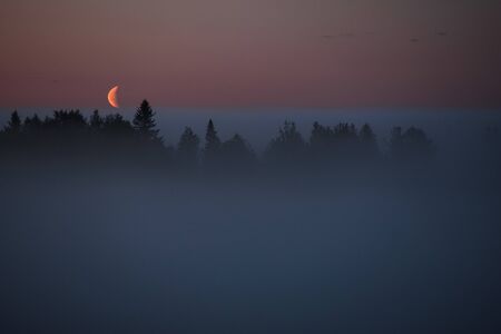 Midnight fog covers the fields and the river and the power lines.の写真素材