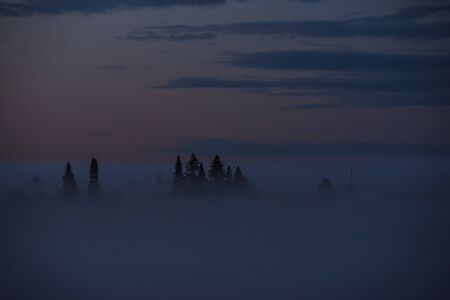 Midnight fog covers the fields and the river and the power lines.の写真素材