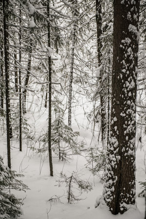 Snow-covered forest covered with a thick layer of snow.の写真素材