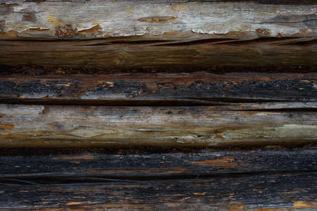 Aged, cracked and discolored logs of the building close up.の写真素材
