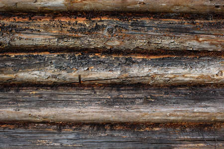 Aged, cracked and discolored logs of the building close up.の写真素材