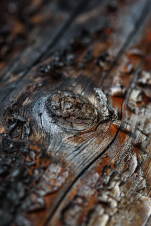 A fragment of old wood with a tarnished texture that has lost its color and the bark cracked from time close-up.の写真素材