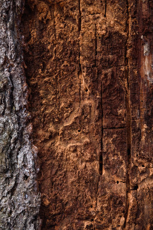 The trunk of an old pine tree eaten by bark beetles and termites close-up.の写真素材