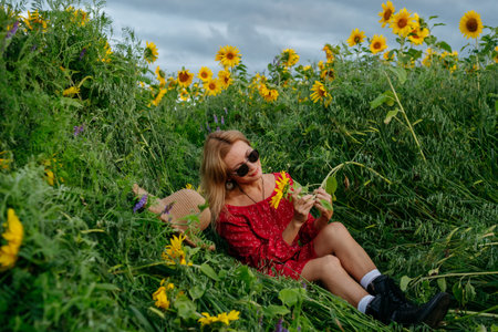 A woman walking through a field of sunflowers towards sunset