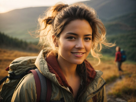 Portrait of smiling young women sitting on top of mountain during sunsetの素材
