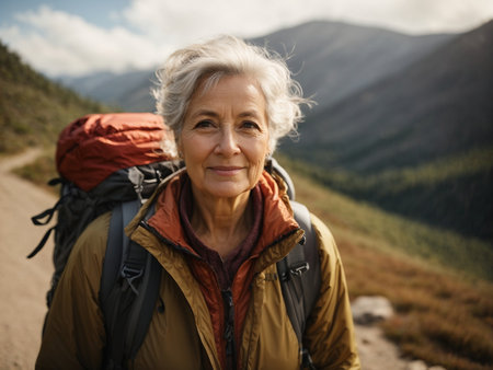 Portrait of senior woman with backpack hiking in mountain, looking at cameraの素材