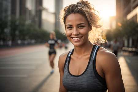 Portrait of a young woman running in the city at sunset.の素材