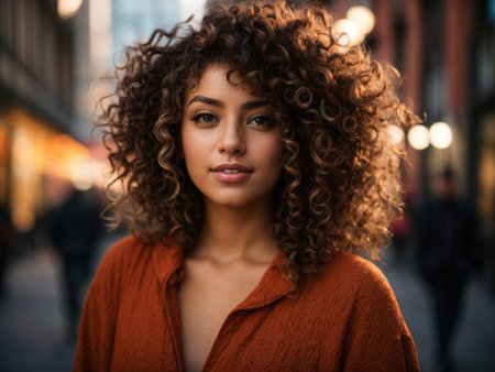 Portrait of a beautiful african american woman with curly hair in the cityの素材