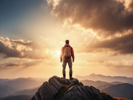 Hiker standing on top of a mountain and looking at the sunsetの素材