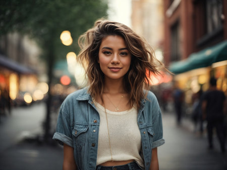 Portrait of a beautiful young woman with long hair in the cityの素材