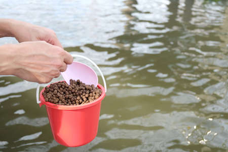Close up fish meal in a red bucket with a male hands and a river water view