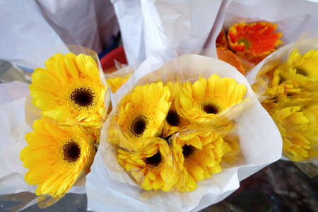 In selective focus sweet carnation flowers in a white paper packaging and selling at the flora marketの写真素材