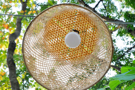 The Oriental style of wooden lamp hanging on a black rope top view with big trees and green nature...
