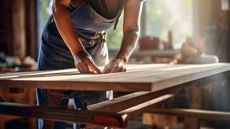 Hands of woman carpenter working wood on his bench. She is wearing a black T-shirt and apron.の素材
