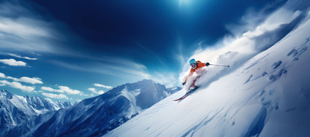 Panoramic view of skier skiing down snow hill leaving a big snow powder.の素材