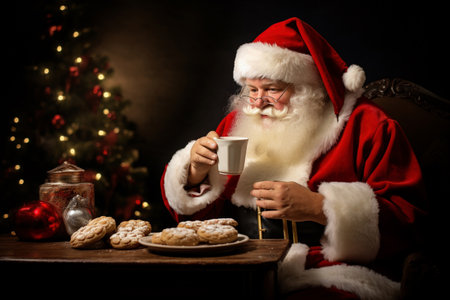Santa Claus enjoying cookies and milk left by children on Christmas Eve.の素材