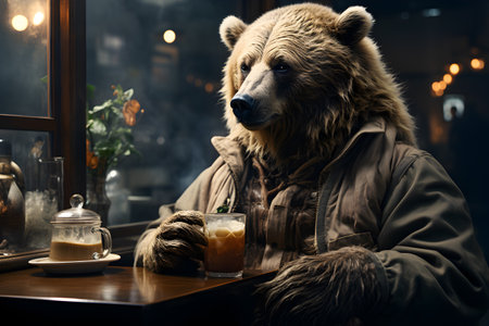 Portrait of an anthropomorphic bear sipping his morning coffee in a modern coffee shop.の素材