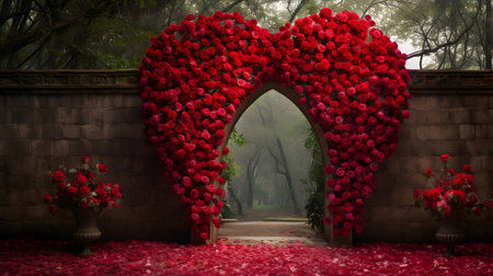 An enchanted garden covered with red flowers and heart-shaped roses, magical Valentine's Day scenery.の素材