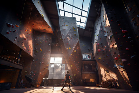 Rustic gymnasium in a restored barn, with an athlete climbing an artificial rock wall in a bouldering facility.の素材
