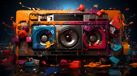 90's radio cassette with buckets of paint hitting it and splashing on it.の素材
