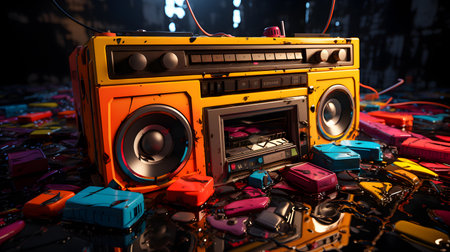 Close-up of a vintage 1990s radio cassette player and cassette tapes.の素材