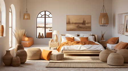 Bohemian bedroom design with white walls, terracotta details, wicker furniture, ethnic motifs: a serene, cozy and globally influenced retreat.の素材