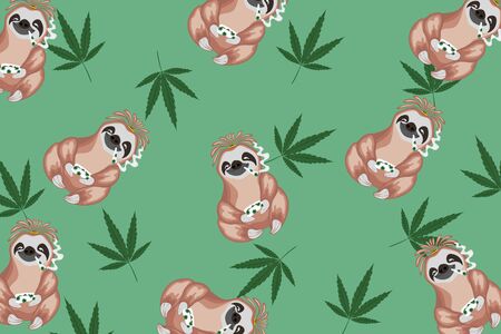 Vector set of cute sloths, adorable cartoon animal background, pattern with marijuana leaf.のイラスト素材