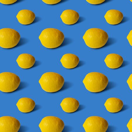 Lemons on blue background, flat lay, top view, pattern.の写真素材