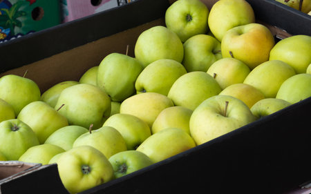 Ripe green apples on the counter in a grocery storeの写真素材