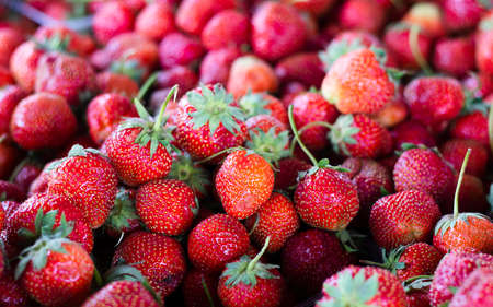 Ripe strawberries on the counter in a grocery storeの写真素材