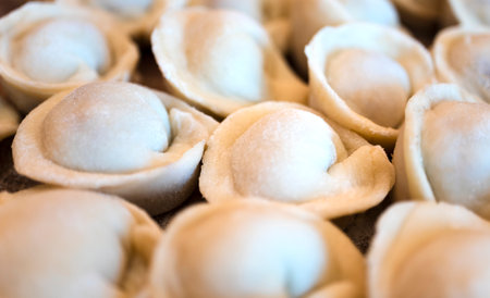 Close-up of Russian dumplings prepared at home.の写真素材