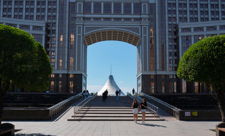 NUR-SULTAN, KAZAKHSTAN - 11 July 2021: Astana Royal Marquee Khan Shatyr Entertainment with a View of a Man Entering the Building on a Sunny Blue Sky Day Aのeditorial素材