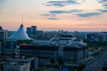 NUR-SULTAN, KAZAKHSTAN - July 2021: Evening view of the KHAN SHATYR entertainment centre in Astana (Nur-Sultan), capital of Kazakhstanのeditorial素材