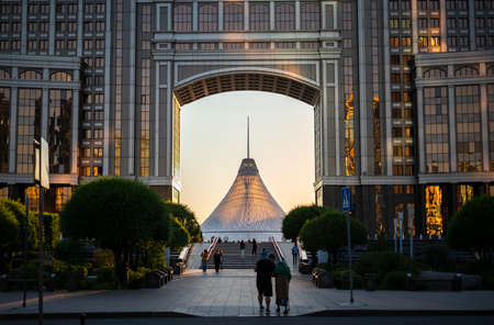 ASTANA, KAZAKHSTAN - JULY , 2021: View of the modern shopping center Khan Shatyr through the arch of the building.のeditorial素材