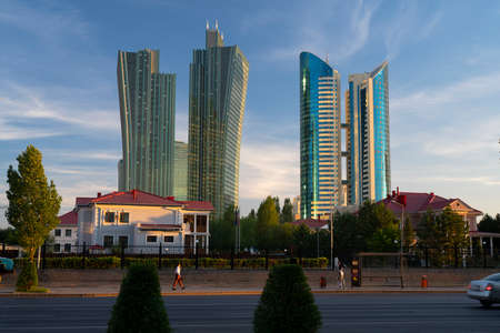 Nur-Sultan, Kazakhstan - July, 2021 - Modern office buildings at the Nurzhol boulevardのeditorial素材