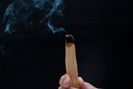 Burning stick of palo santo in hands on a black background.の写真素材