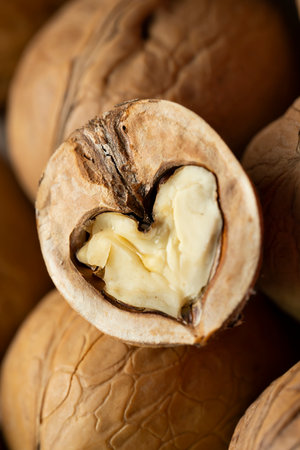 Walnut kernels close up. Half of a walnut in the shape of a heart. high quality photoの写真素材