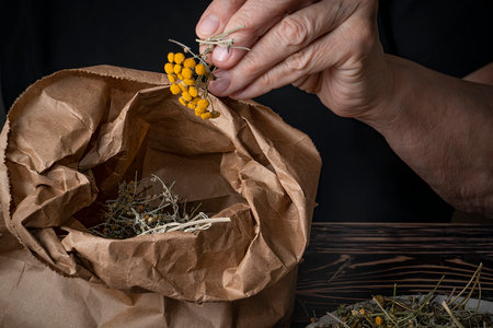 Dried medicinal herb, antiparasitic collection of tansy, wormwood and cloves (troychatka). The herbalist is preparing herbal tea. high quality photoの写真素材